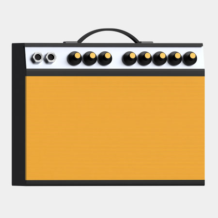 Classic vintage-style guitar amplifier, characterized by a bold orange front panel and sleek black detailing. The clean, minimalist design makes it ideal for use in music-related websites, apps, or branding visuals. It represents high-quality sound output and retro aesthetics.の写真素材