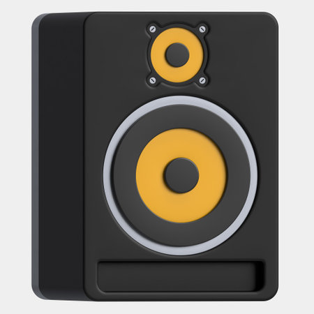 3D icon of monitor speaker in classy black yellow color. Versatile choice for use in musician, musical instrument websites, digital banners, and music visuals. The bold and dynamic look symbolizes high-quality sound performance and technological sophistication.の写真素材
