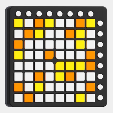 3D Icon of grid digital midi controller. Versatile choice for use in audio equipment websites, dj, digital banners, and sound system-related visuals. The bold and dynamic look symbolizes high-quality sound performance and technological sophistication.の写真素材