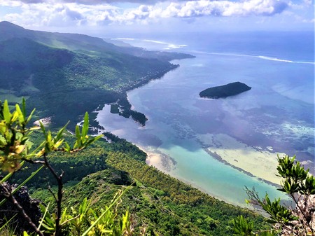 view on small island on mauritius island view from le morne mountainの写真素材