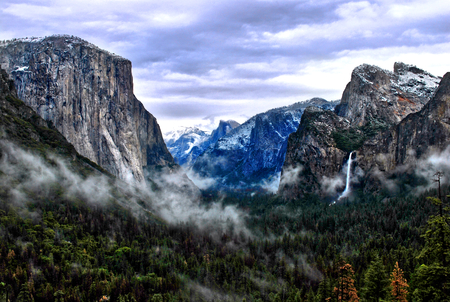 tunnel view in yosemite national park with bridalveil fall and el capitan, california usaの写真素材