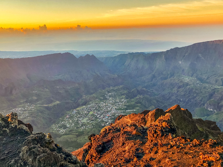 cirque de cilaos at sunset view from piton des neigesの写真素材