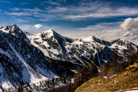 snowy mountains panorma in french alps, franceの写真素材
