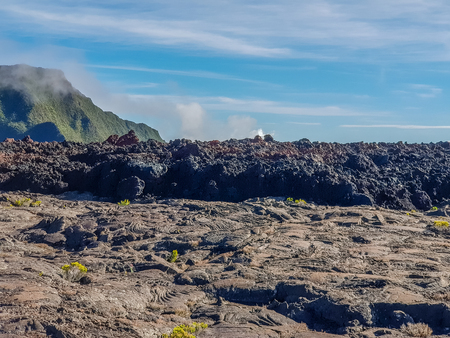 lava in valley of piton de la fournaise volcano on la reunionの写真素材