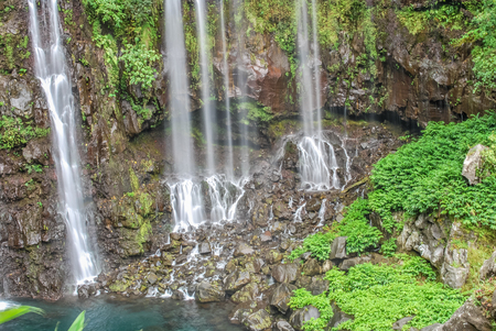 view on waterfall with jungle on mauritius islandの写真素材