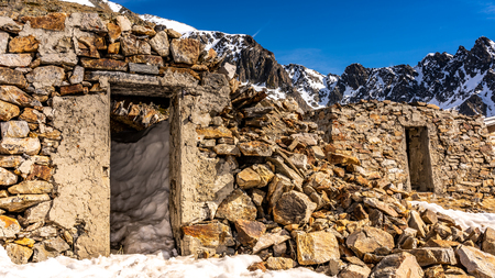 destroyed stone building in alps, franceの写真素材