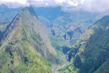 view on mountains of cirque de mafate at cap noir hiking trailの写真素材