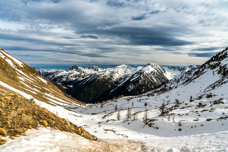 snowy mountain panorama in french alps, franceの写真素材