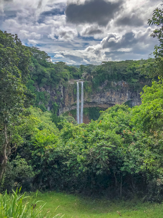 view on chamarel waterfall with jungle on mauritius islandの写真素材