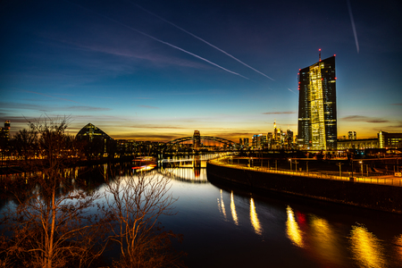 view on frankfurt skyline and  european central bank at sunsetの写真素材