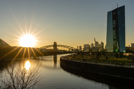 view on frankfurt skyline and  european central bank at sunsetの写真素材
