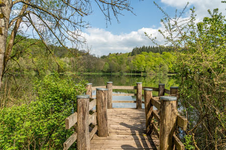 view on holzmaar from wooden jetty, eifel, germanyの写真素材