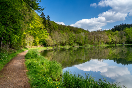 trail along the littoral at holzmaar with reflections of the sky, eifel, germanyの写真素材