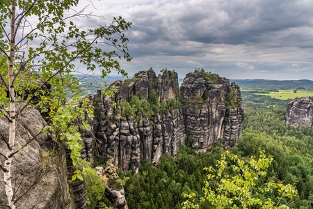 panoramic view on schrammstein rocks in saxon switzerland, germanyの写真素材