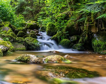 long exposure shot of a tiny waterfall in black forest, germanyの写真素材