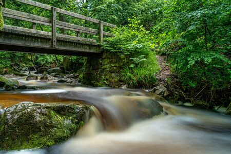 tiny waterfall with bridge at Allerheiligen waterfall cascade in black forest, germanyの写真素材