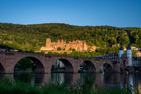 view on HHeidelberg castle ruins, karl theodor bridge (old bridge) and neckar river, germanyのeditorial素材