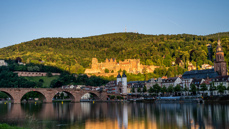 view on HHeidelberg castle ruins, karl theodor bridge (old bridge) and neckar river, germanyのeditorial素材