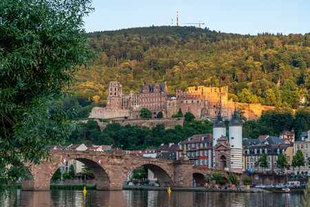 view on HHeidelberg castle ruins, karl theodor bridge (old bridge) and neckar river, germanyのeditorial素材