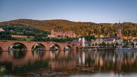 view on HHeidelberg castle ruins, karl theodor bridge (old bridge) and neckar river, germanyのeditorial素材