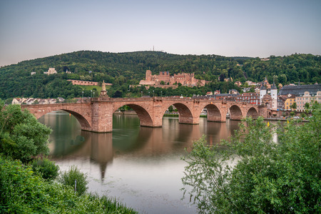 view on HHeidelberg castle ruins, karl theodor bridge (old bridge) and neckar river, germanyのeditorial素材