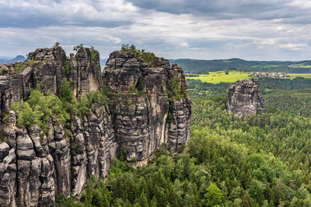 panoramic view on schrammstein rocks in saxon switzerland, germanyの写真素材