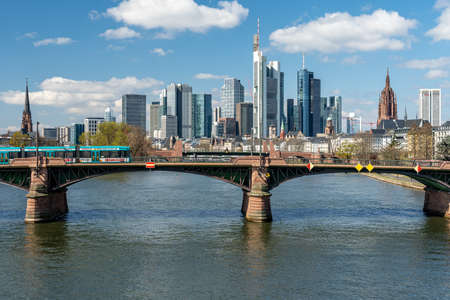 Frankfurt, Germany - March 31, 2020: frankfurt skyline view with ignas bubis bridgeのeditorial素材