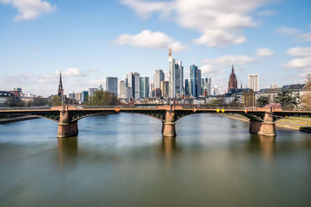 Frankfurt, Germany - March 31, 2020: frankfurt skyline view with ignas bubis bridgeのeditorial素材