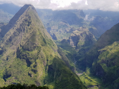 View on mountains of cirque de mafate at cap noir hiking trailの写真素材
