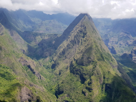 View on mountains of cirque de mafate at cap noir hiking trailの写真素材