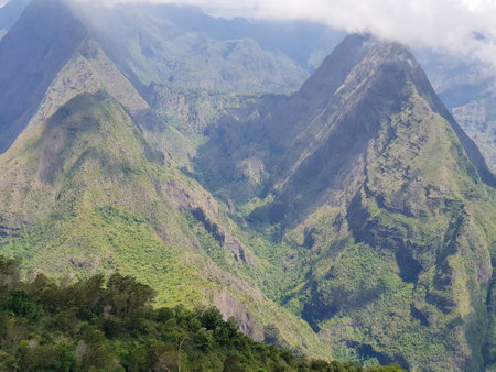 View on mountains of cirque de mafate at cap noir hiking trailの写真素材