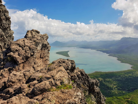 view on coast line from a trail to le morne mountain top on Mauritius islandの写真素材