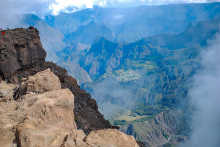 cirque de cilaos at sunrise viewed from a trail to le maido mountain topの写真素材
