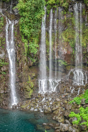 view on waterfall with jungle on mauritius islandの写真素材