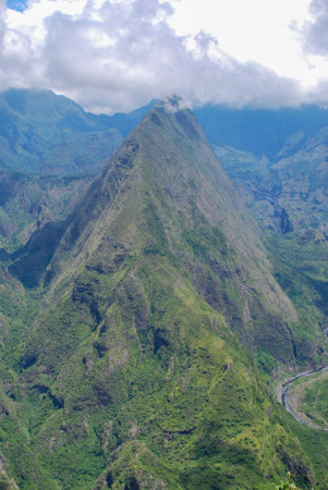 View on mountains of cirque de mafate at cap noir hiking trailの写真素材