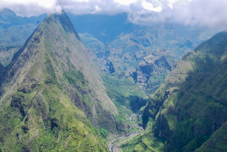 View on mountains of cirque de mafate at cap noir hiking trailの写真素材