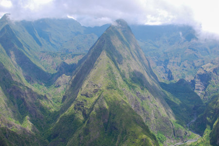 View on mountains of cirque de mafate at cap noir hiking trailの写真素材