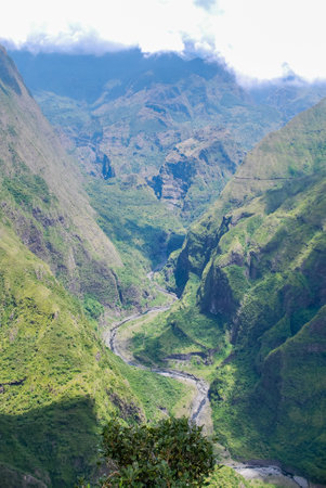 View on mountains of cirque de mafate at cap noir hiking trailの写真素材