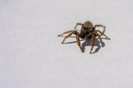 Jumping Spider (Marpissa Muscosa) on a plant leaf, hesse, germanyの写真素材