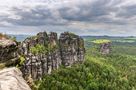 panoramic view on schrammstein rocks in saxon switzerland, germanyの写真素材
