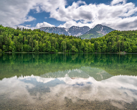 View on alpsee in the bavarian alps near fuessen, bavaria, germanyの写真素材