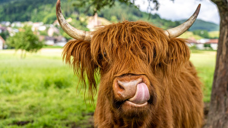 highland cow on meadow in kinzig valley, black forest, germanyの写真素材