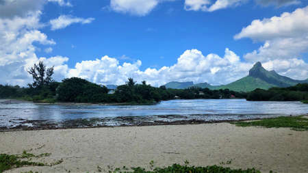 View on black river flowing towards indian ocean at tamarin beach on mauritius islandの写真素材