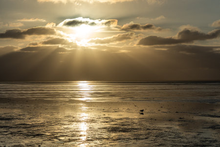 View on the wadden sea of the north sea at low tide at sunset near Bernersiel, Germanyの写真素材