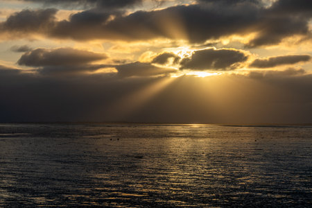 View on the wadden sea of the north sea at low tide at sunset near Bernersiel, Germanyの写真素材
