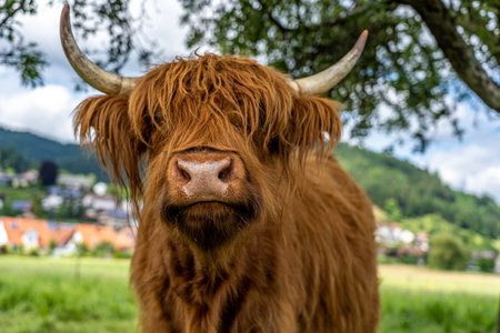 highland cow on meadow in kinzig valley, black forest, germanyの写真素材