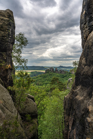 panoramic view of landscape in saxon switzerland on trail to schrammstein panorama, germanyの写真素材