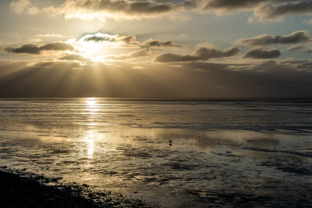 View on the wadden sea of the north sea at low tide at sunset near Bernersiel, Germanyの写真素材