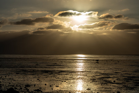 View on the wadden sea of the north sea at low tide at sunset near Bernersiel, Germanyの写真素材