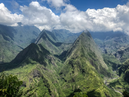 View on mountains of cirque de mafate at cap noir hiking trailの写真素材